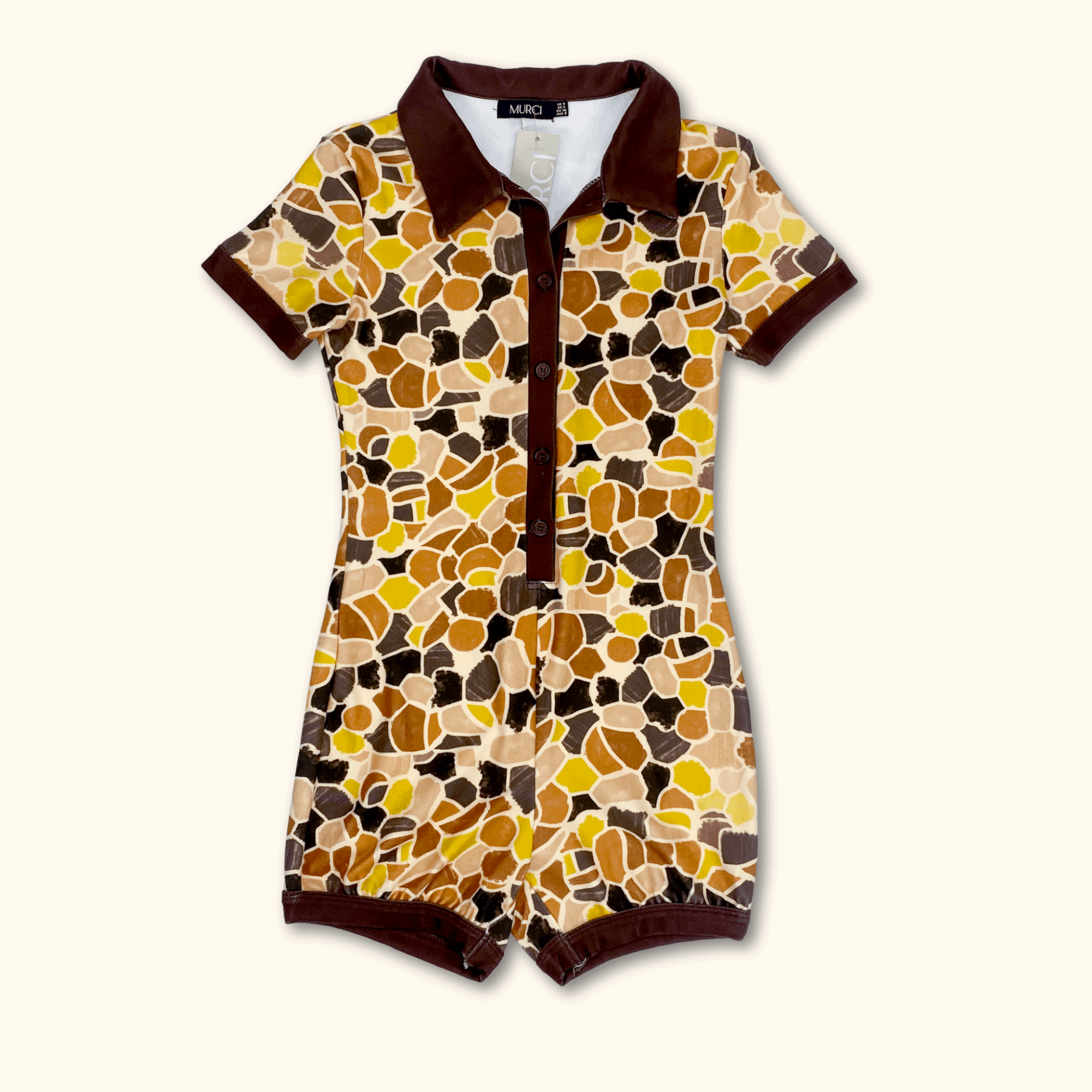 Murci 70s Inspired Brown Short Sleeve Patterned Playsuit - Size 8 - Murci - Playsuits