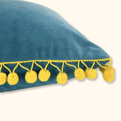 Teal Pom Pom Velvet Square Cushion Cover - Sunshine Thrift - Cushion covers