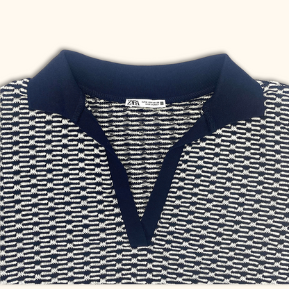 Zara Navy Blue Knitted Polo Shirt - Size Medium - Zara - Tops &amp; Shirts