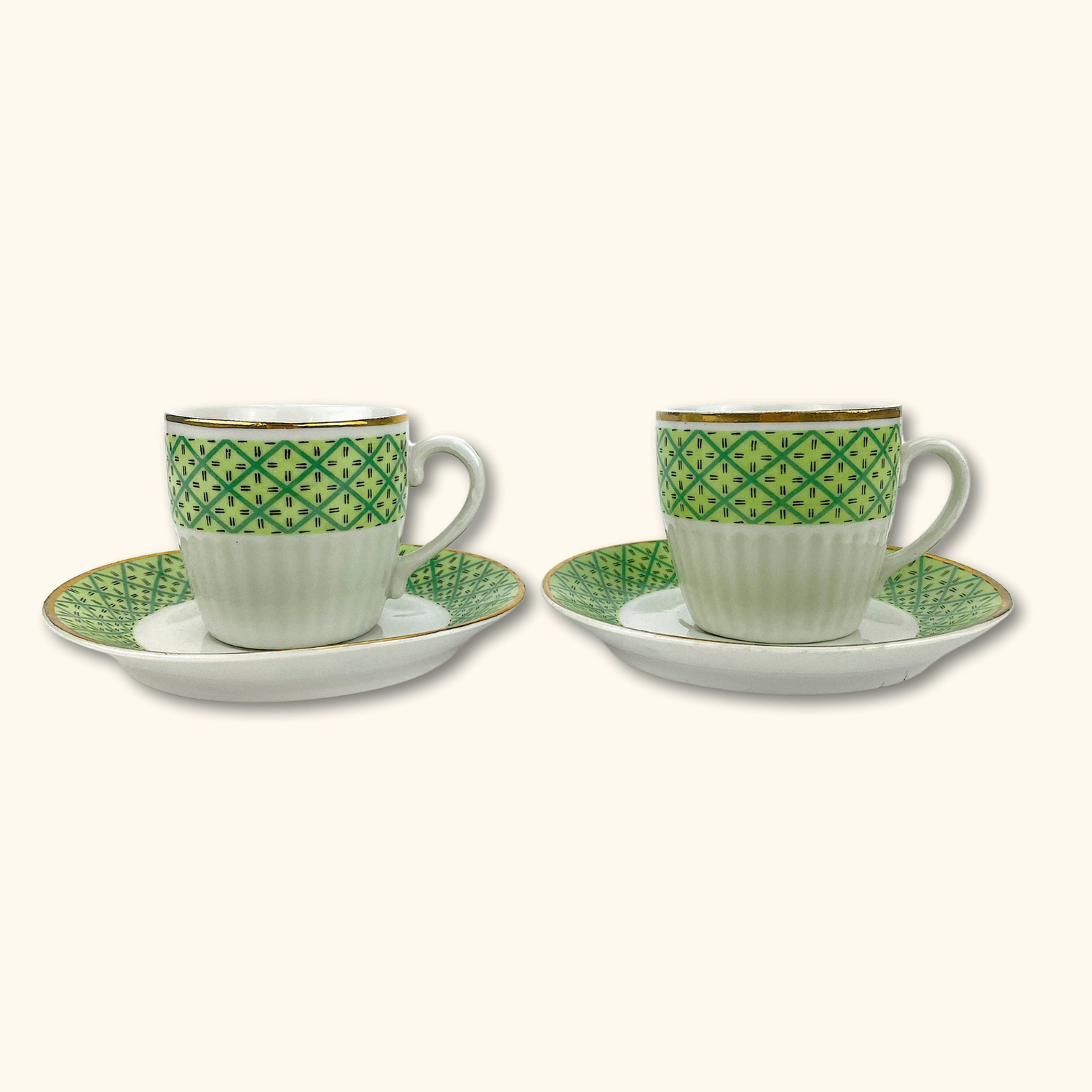 Green and Gold Espresso Cup and Saucer Set - Pair of 2 - Sunshine Thrift - Kitchenware