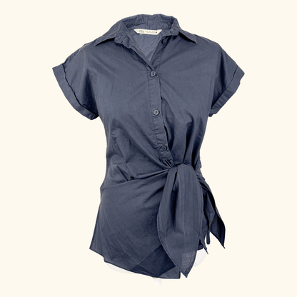 Zara Navy Cotton Short Sleeve Wrap Shirt - Size Medium Zara