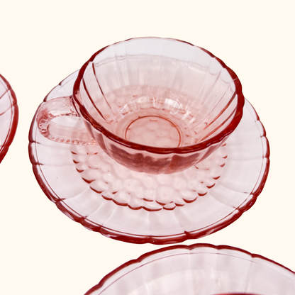 Pink Glass Tea Cup and Saucer - Set of 6 Sunshine Thrift