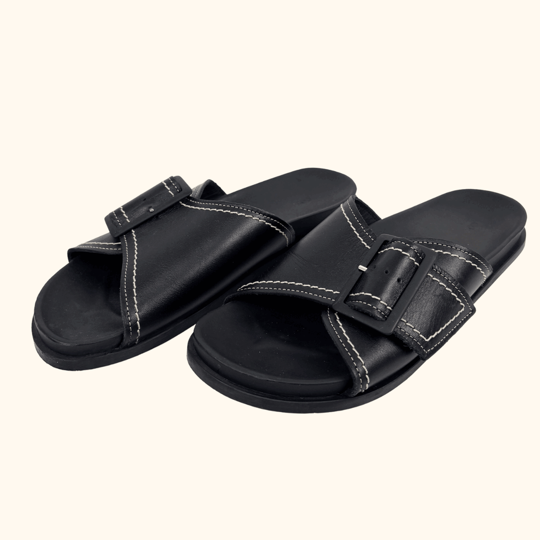Cos Contrast Stitch Black Leather Slides - Size 7 Cos