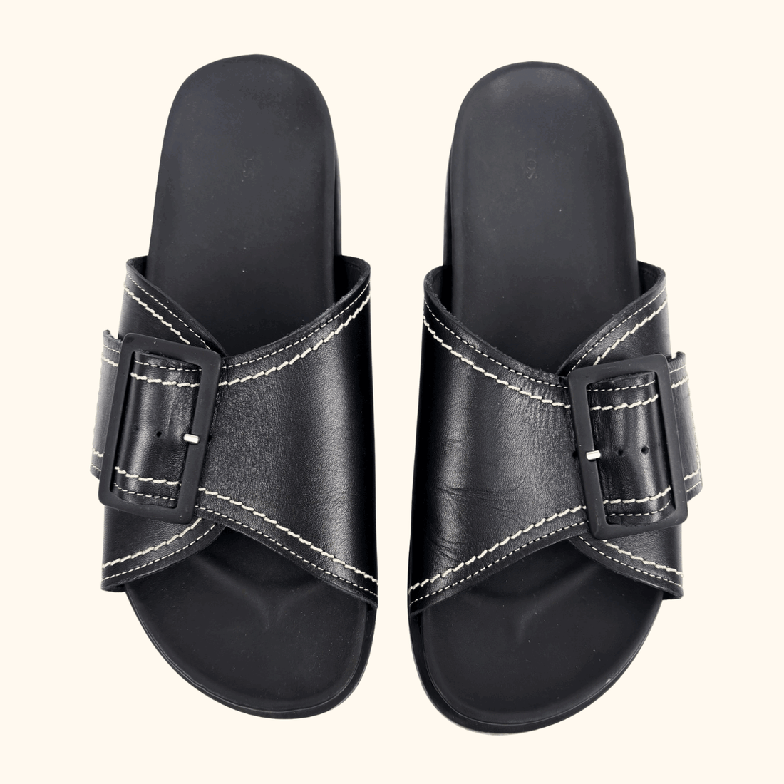 Cos Contrast Stitch Black Leather Slides - Size 7 Cos