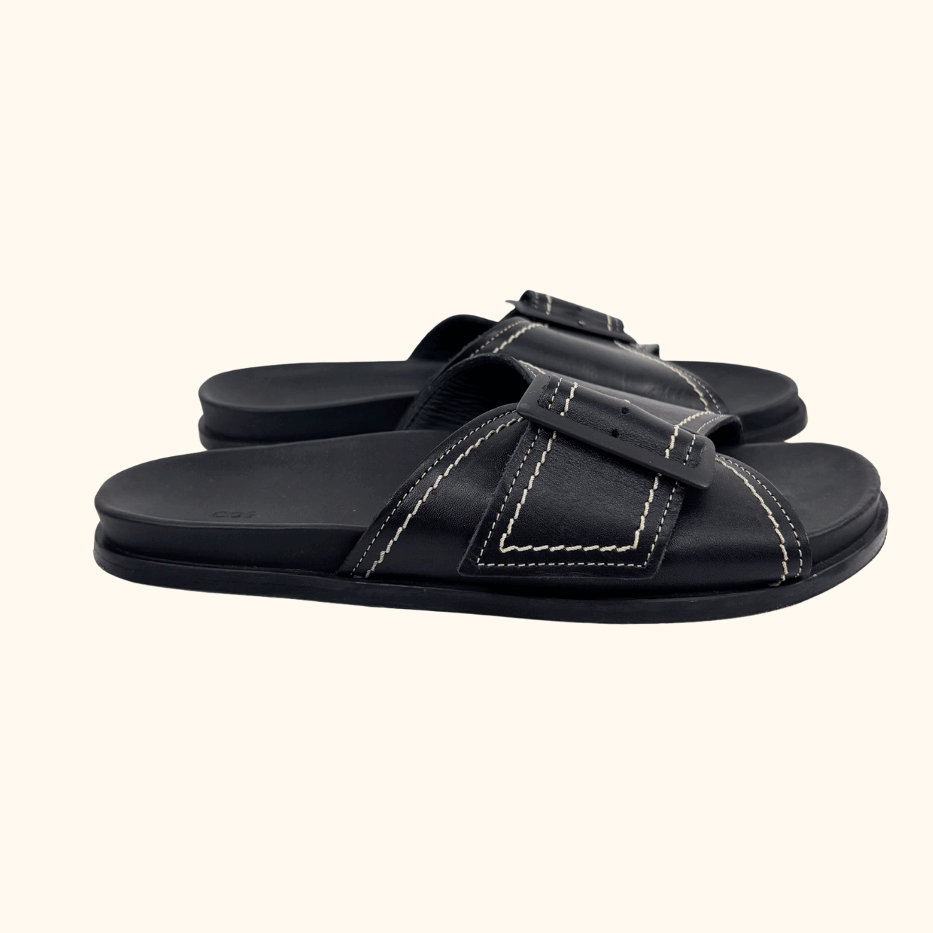 Cos Contrast Stitch Black Leather Slides - Size 7 Cos