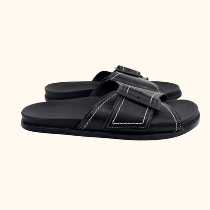 Cos Contrast Stitch Black Leather Slides - Size 7 Cos