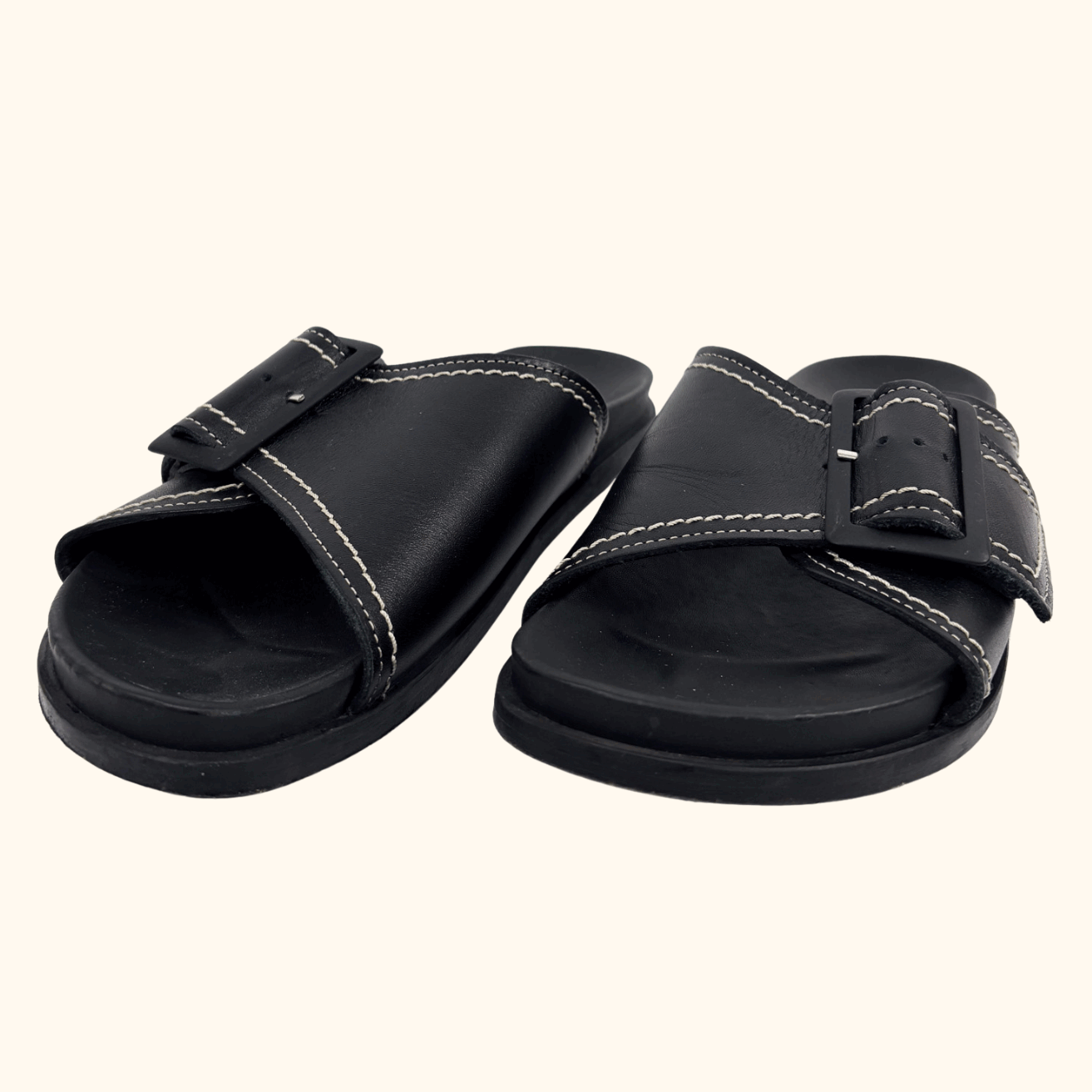 Cos Contrast Stitch Black Leather Slides - Size 7 Cos
