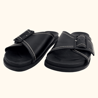 Cos Contrast Stitch Black Leather Slides - Size 7 Cos