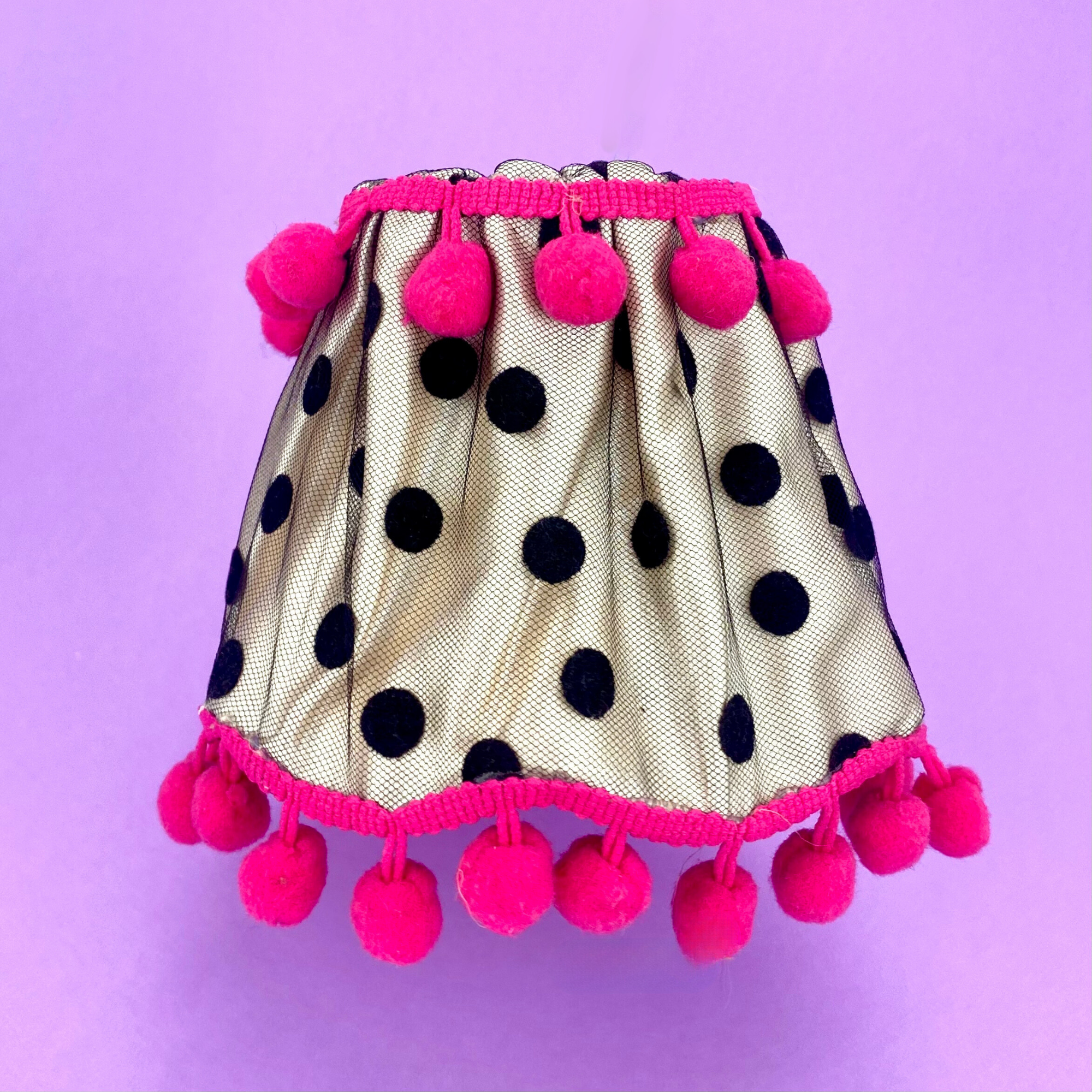 Handmade Black Polka Dot and Pink Pom Pom Candle Lampshade