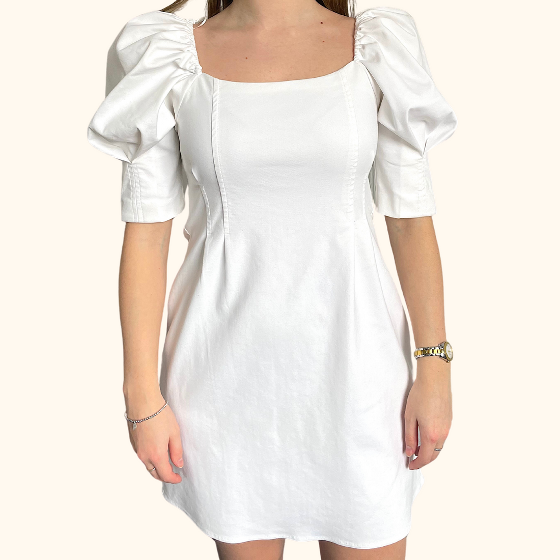 Zara White Denim Puff Sleeve Mini Dress - Size Medium - Zara - Dresses