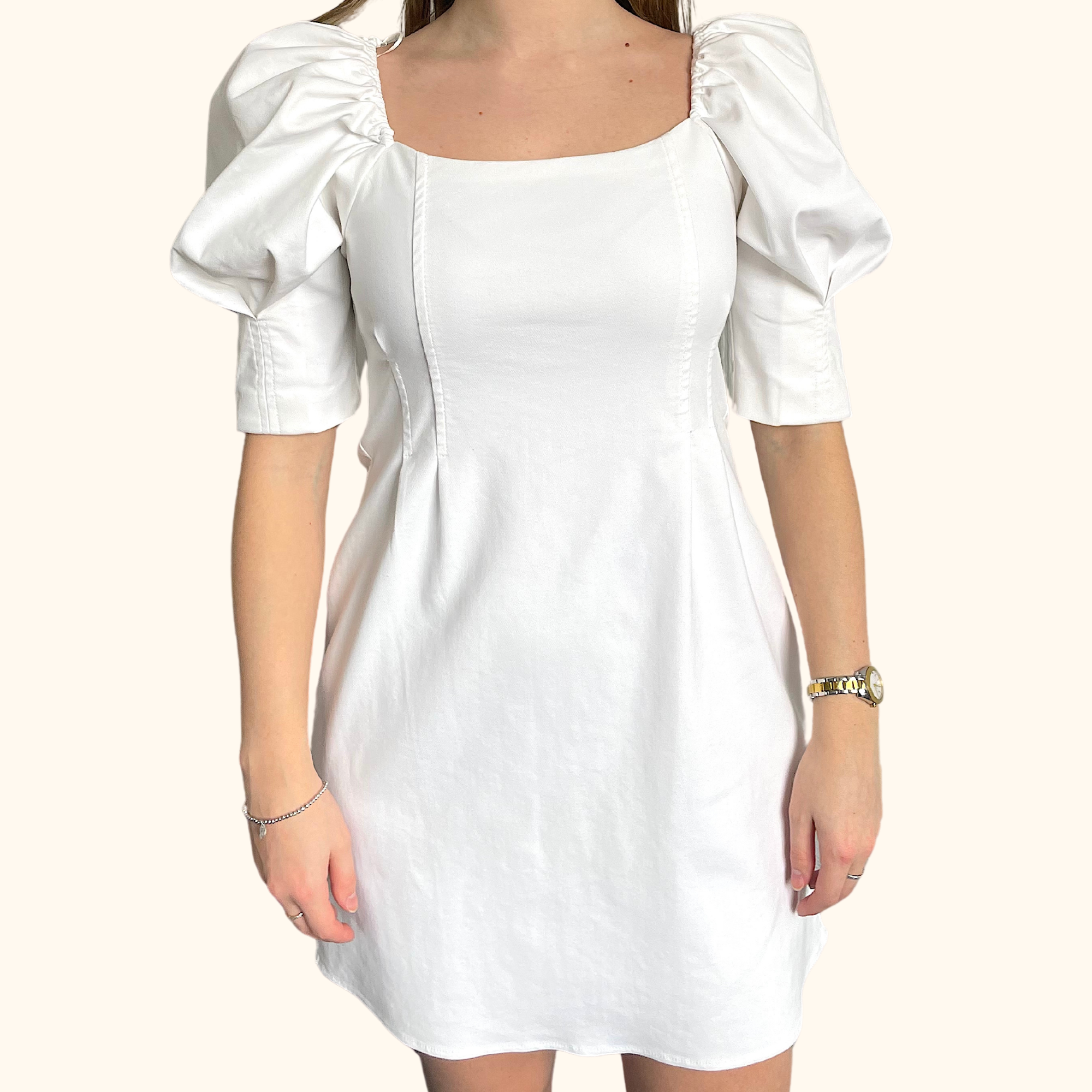 Zara White Denim Puff Sleeve Mini Dress - Size Medium - Zara - Dresses