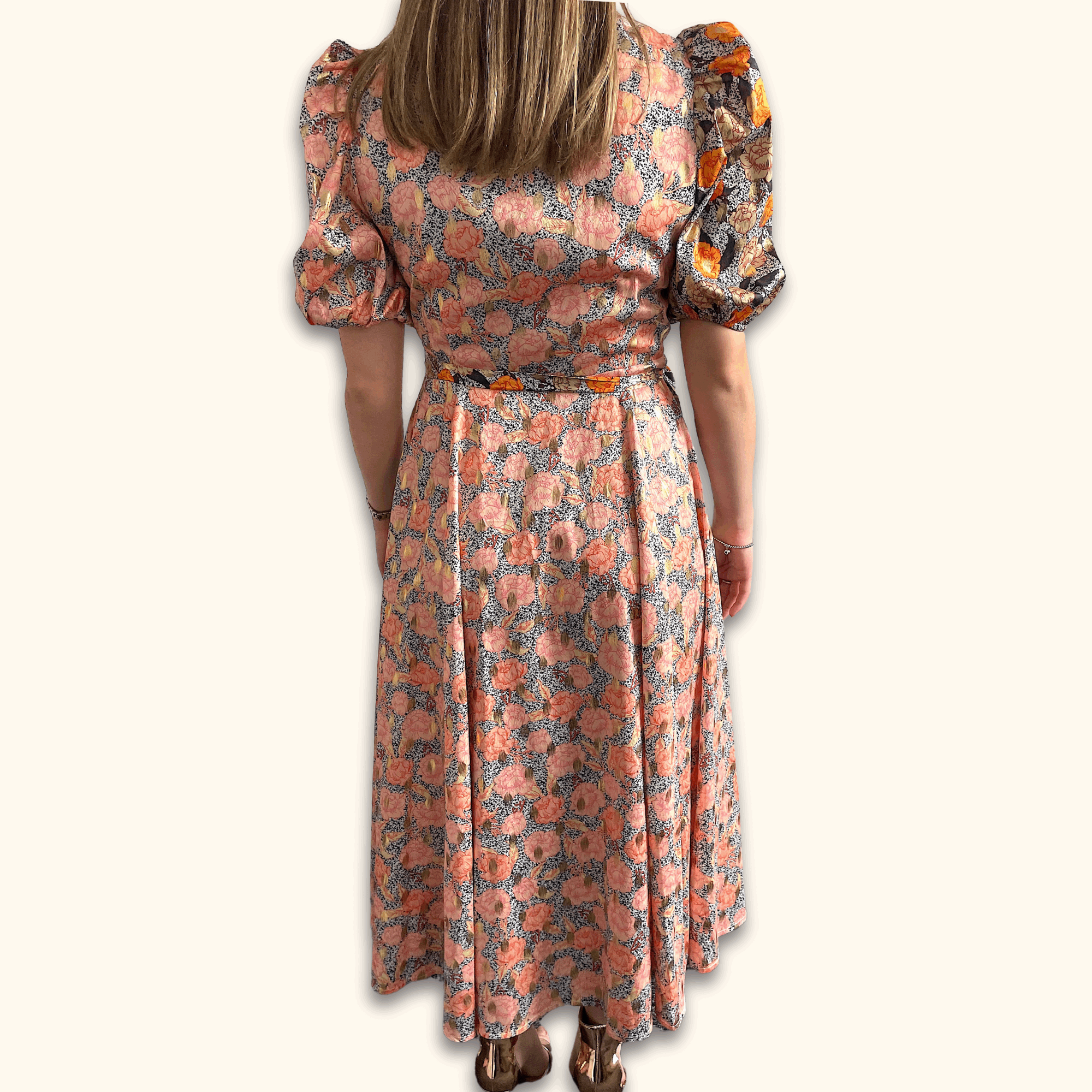 Never Fully Dressed Gold Floral Wrap Front Midi Dress – Sunshine Thrift