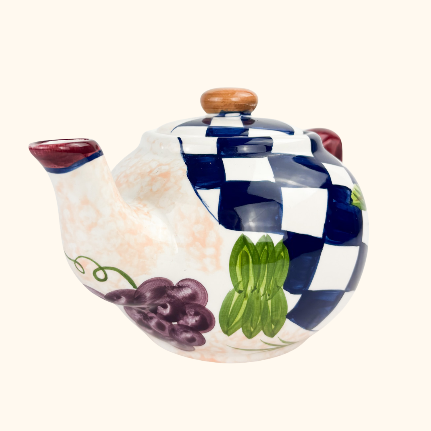 Hand Painted Checkered Fruit Ceramic Teapot Sunshine Thrift