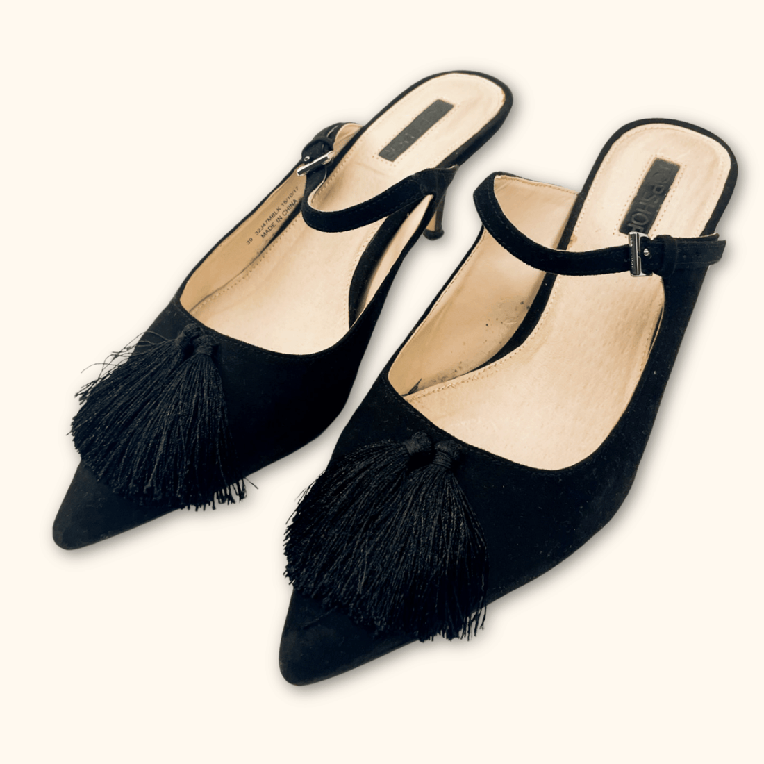 Topshop Black Tassel Heels - Size 6