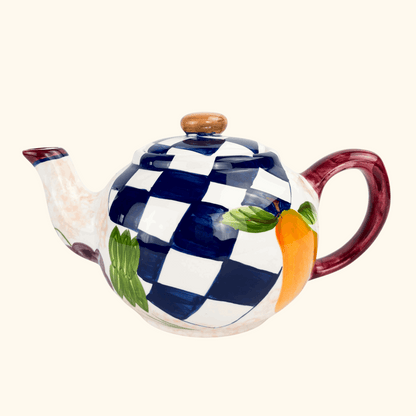 Hand Painted Checkered Fruit Ceramic Teapot Sunshine Thrift