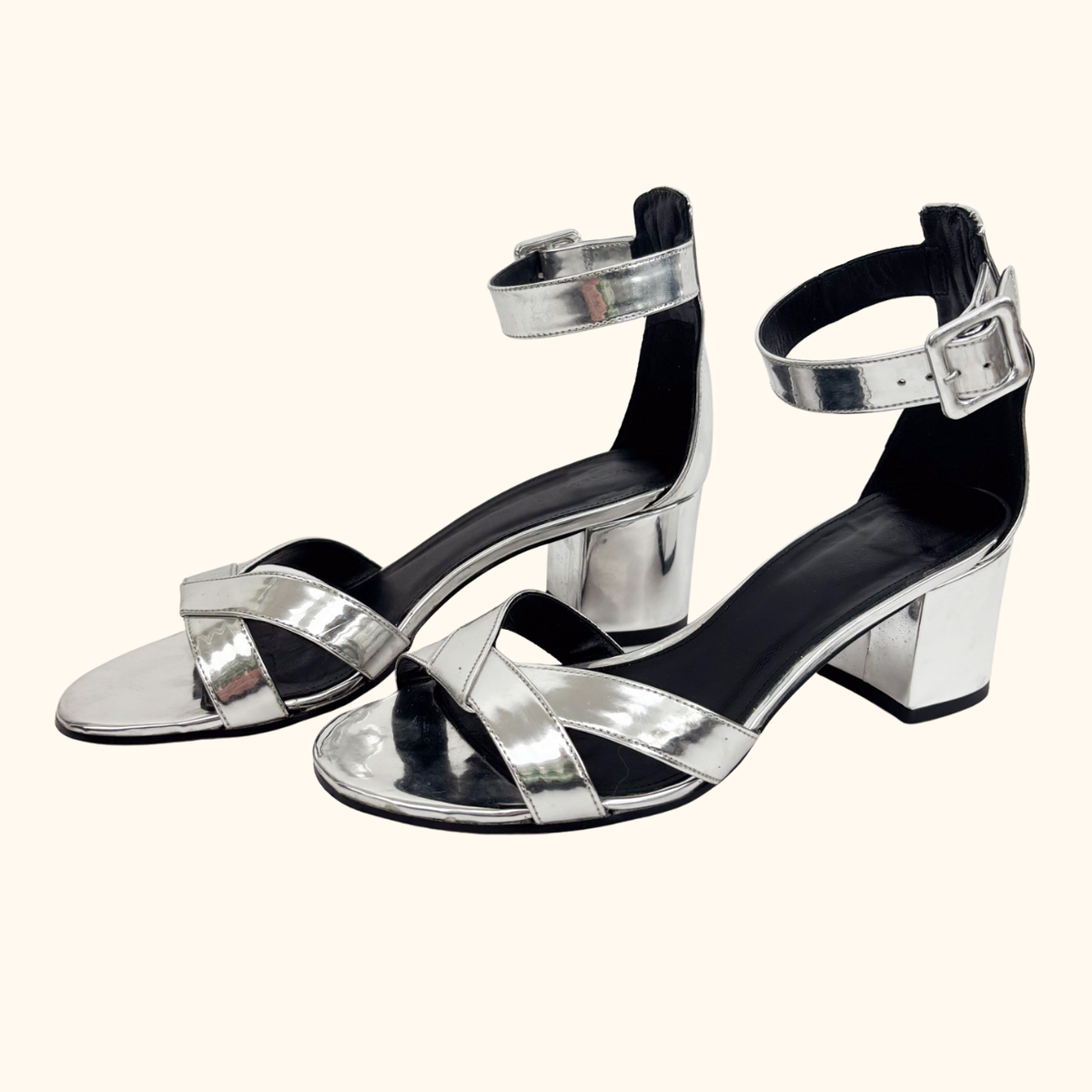 Whistles Metallic Silver Marquis Block Heel Sandals - Size 6
