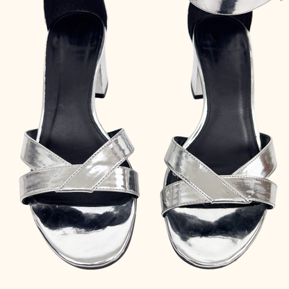 Whistles Metallic Silver Marquis Block Heel Sandals - Size 6