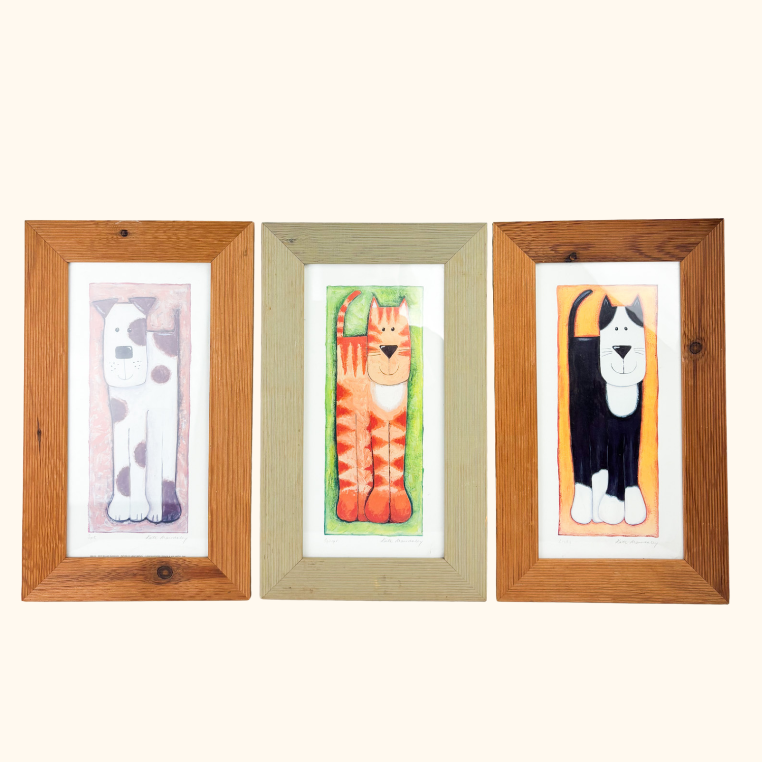 Vintage 2000s Kate Mawdsley Framed Cat and Dog Prints - Set of 3 Kate Mawdsley