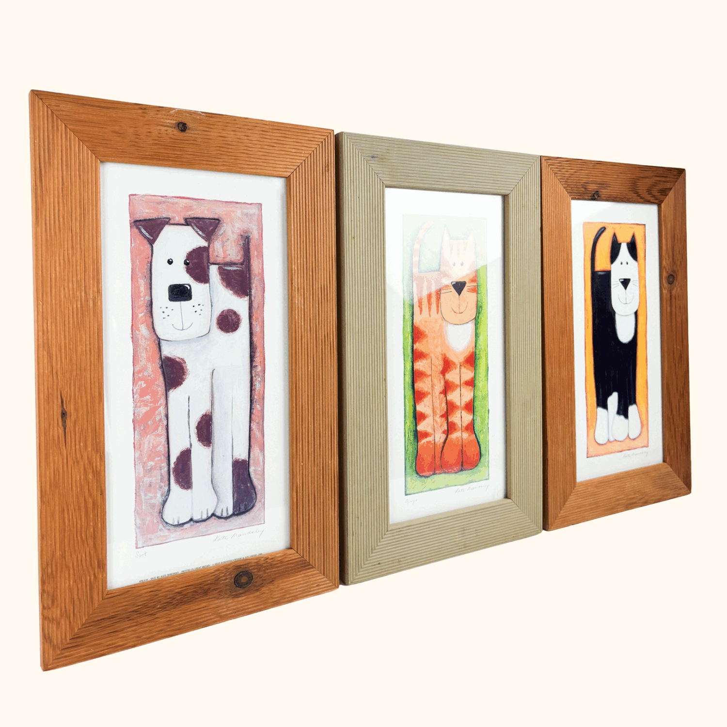 Vintage 2000s Kate Mawdsley Framed Cat and Dog Prints - Set of 3 Kate Mawdsley