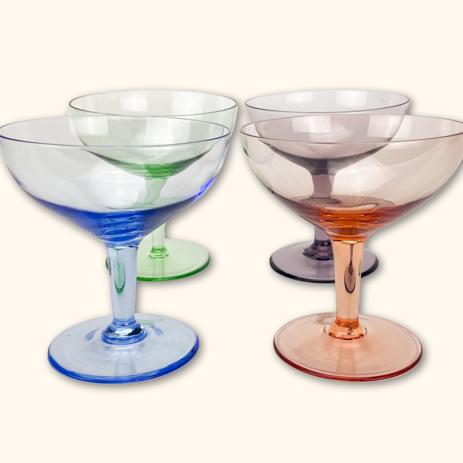 Multi-Coloured Shrunken Champagne Coupe Glasses - Set of 4 - Sunshine Thrift - Kitchenware