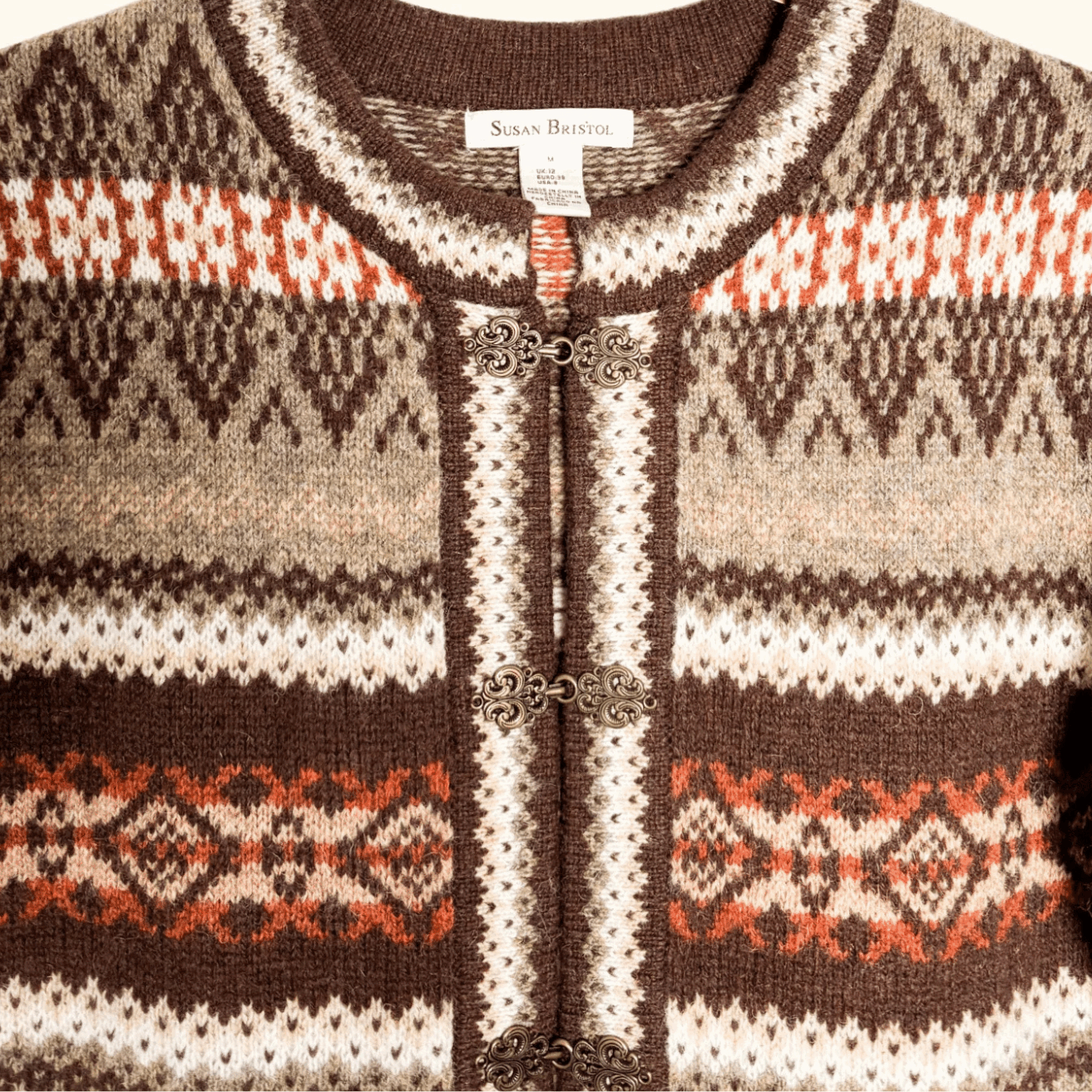 Susan Bristol Brown 100% Wool Fair Isle Cardigan - Size Medium Sunshine Thrift