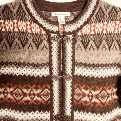 Susan Bristol Brown 100% Wool Fair Isle Cardigan - Size Medium Sunshine Thrift
