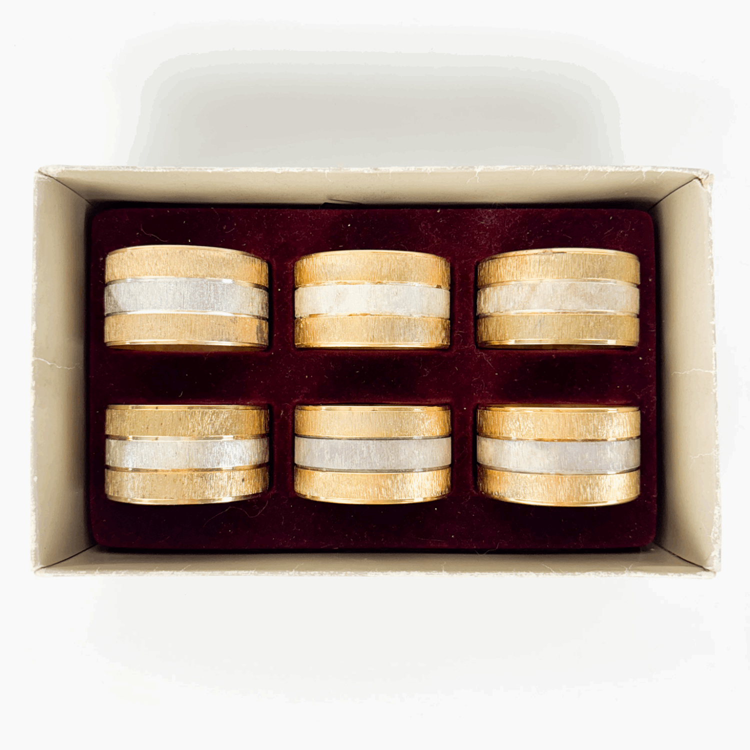 Mid Century Hong Kong Gold and Silver Napkin Rings Set of 6 Boxed Sunshine Thrift