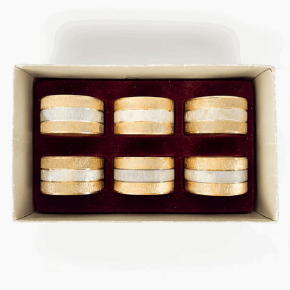 Mid Century Hong Kong Gold and Silver Napkin Rings Set of 6 Boxed Sunshine Thrift