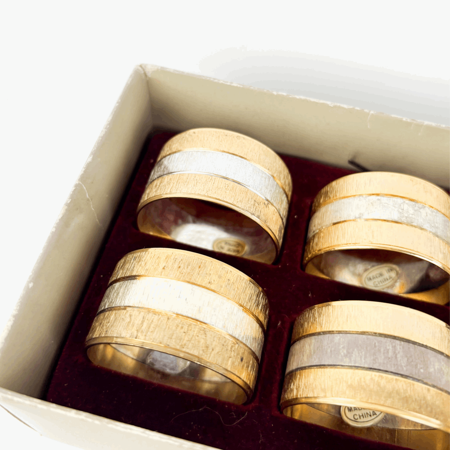 Mid Century Hong Kong Gold and Silver Napkin Rings Set of 6 Boxed Sunshine Thrift