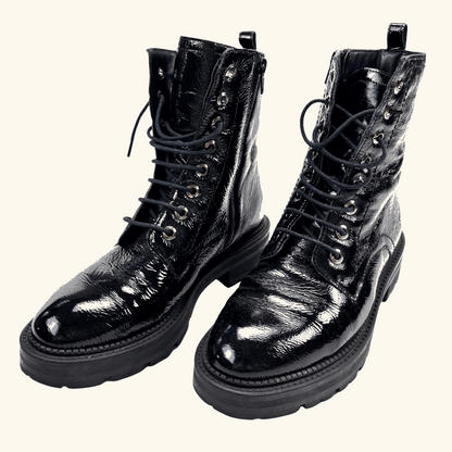 Dune London Black Patent Leather Lace Up Boots - Size 5 Dune London