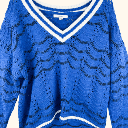 Next Blue Cable Knit V-Neck Jumper - Size XL Next
