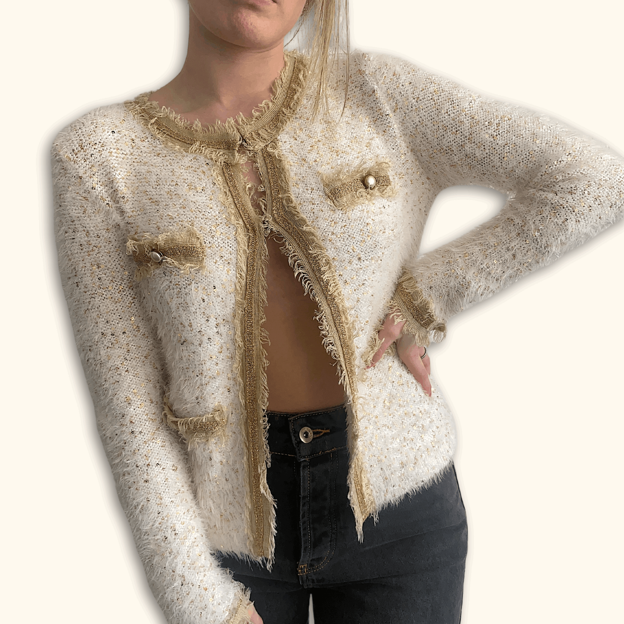 Cream Fringe Sequin Cardigan - Size Medium - Sunshine Thrift - Cardigans