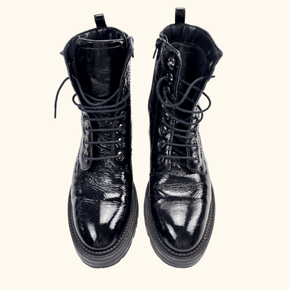 Dune London Black Patent Leather Lace Up Boots - Size 5 Dune London