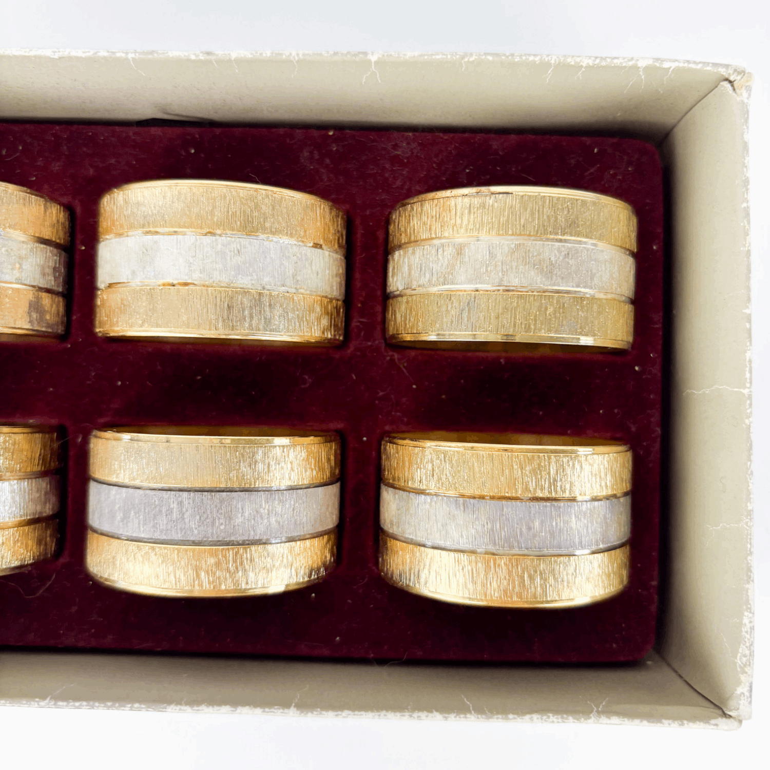 Mid Century Hong Kong Gold and Silver Napkin Rings Set of 6 Boxed Sunshine Thrift