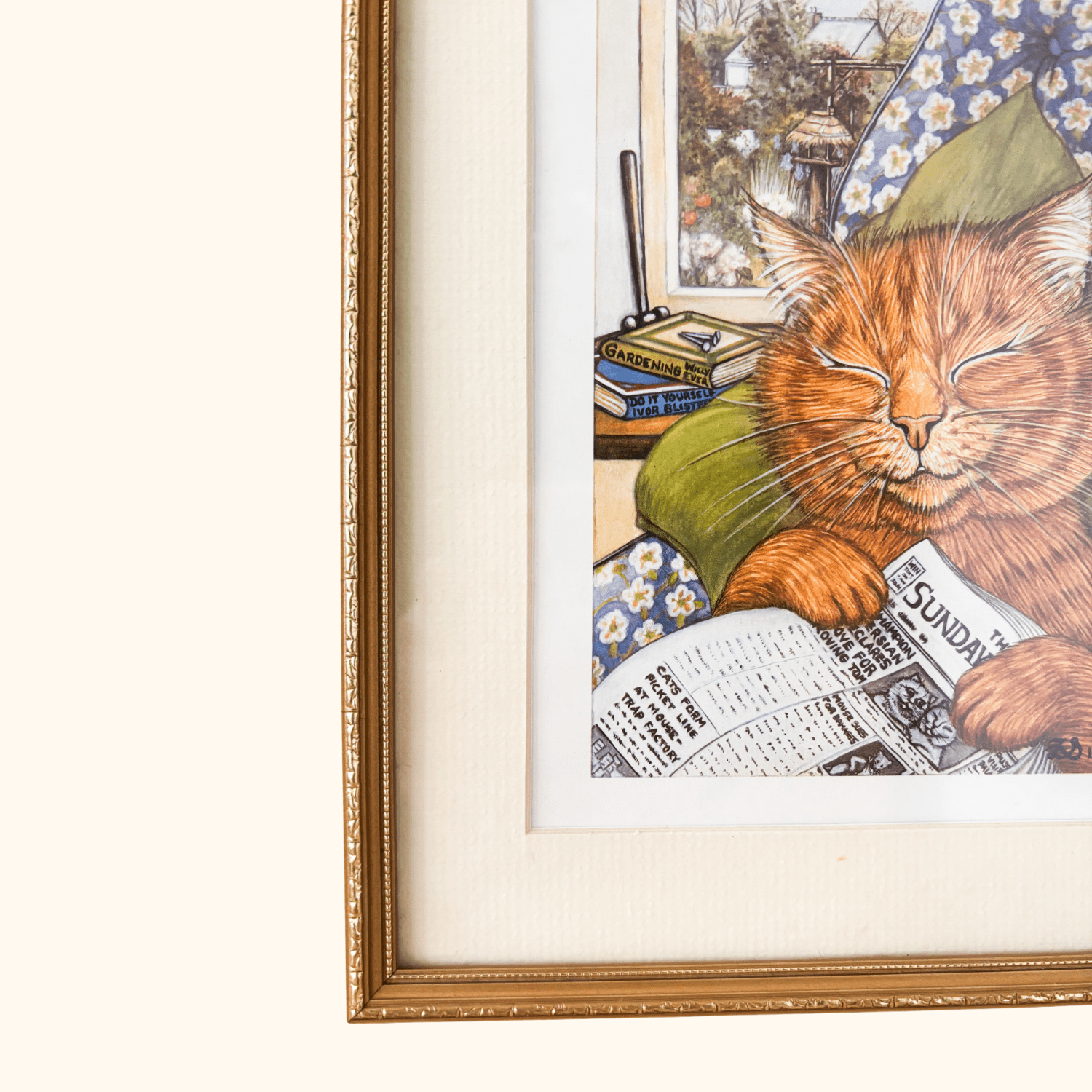 Zoe Stokes Cat Reading Print 1989 Framed Zoe Stokes