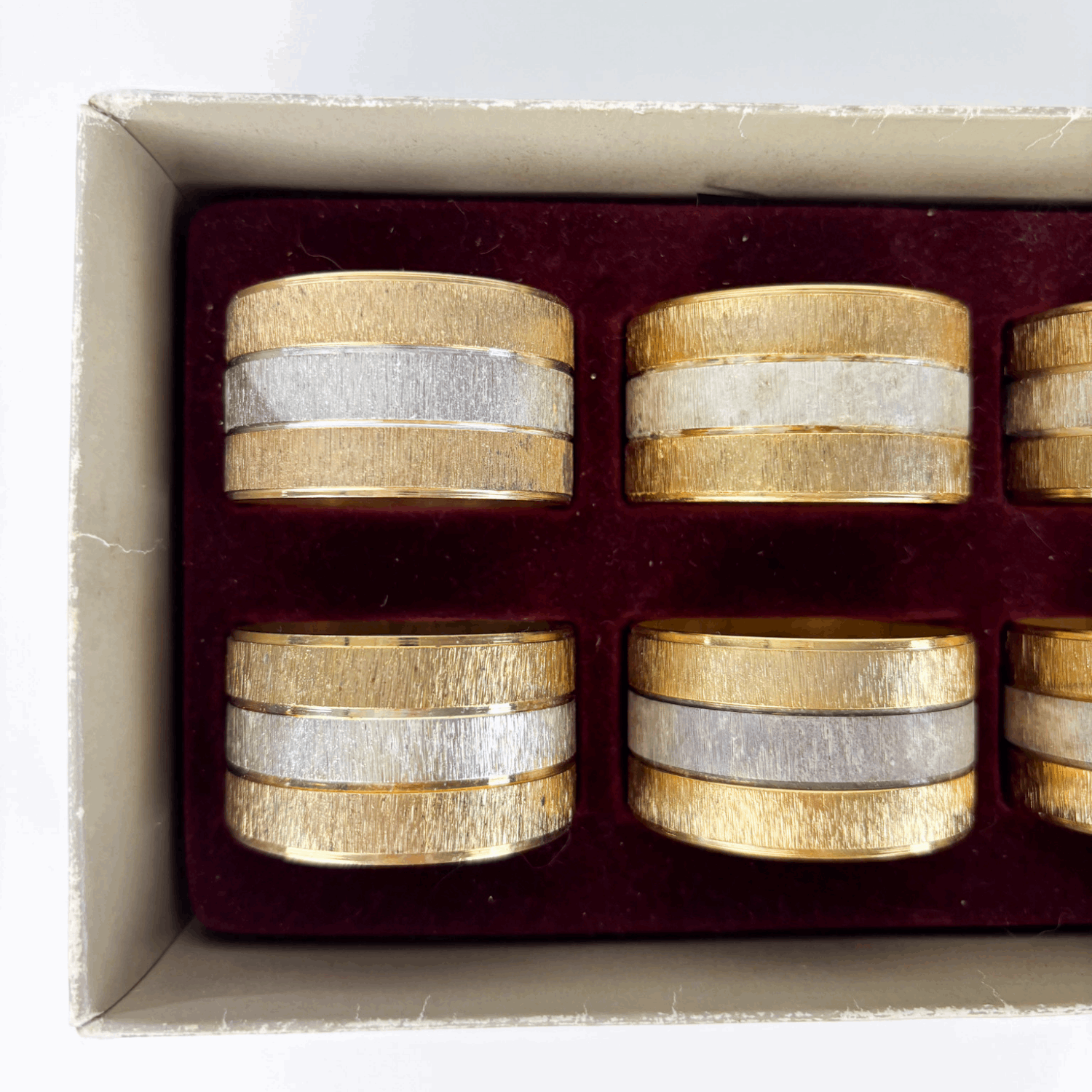 Mid Century Hong Kong Gold and Silver Napkin Rings Set of 6 Boxed Sunshine Thrift
