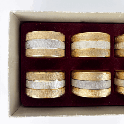 Mid Century Hong Kong Gold and Silver Napkin Rings Set of 6 Boxed Sunshine Thrift