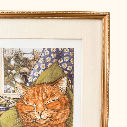 Zoe Stokes Cat Reading Print 1989 Framed Zoe Stokes