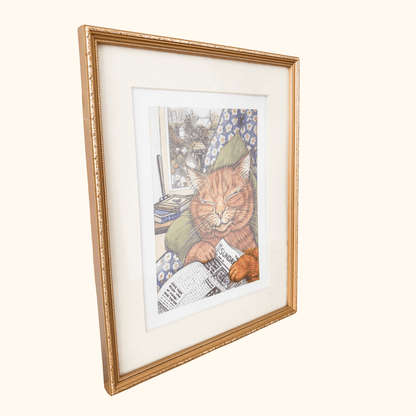 Zoe Stokes Cat Reading Print 1989 Framed Zoe Stokes