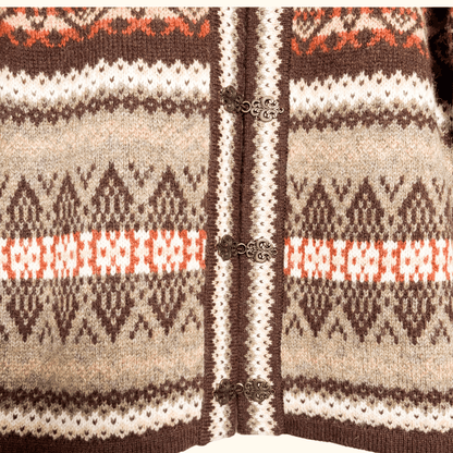 Susan Bristol Brown 100% Wool Fair Isle Cardigan - Size Medium Sunshine Thrift