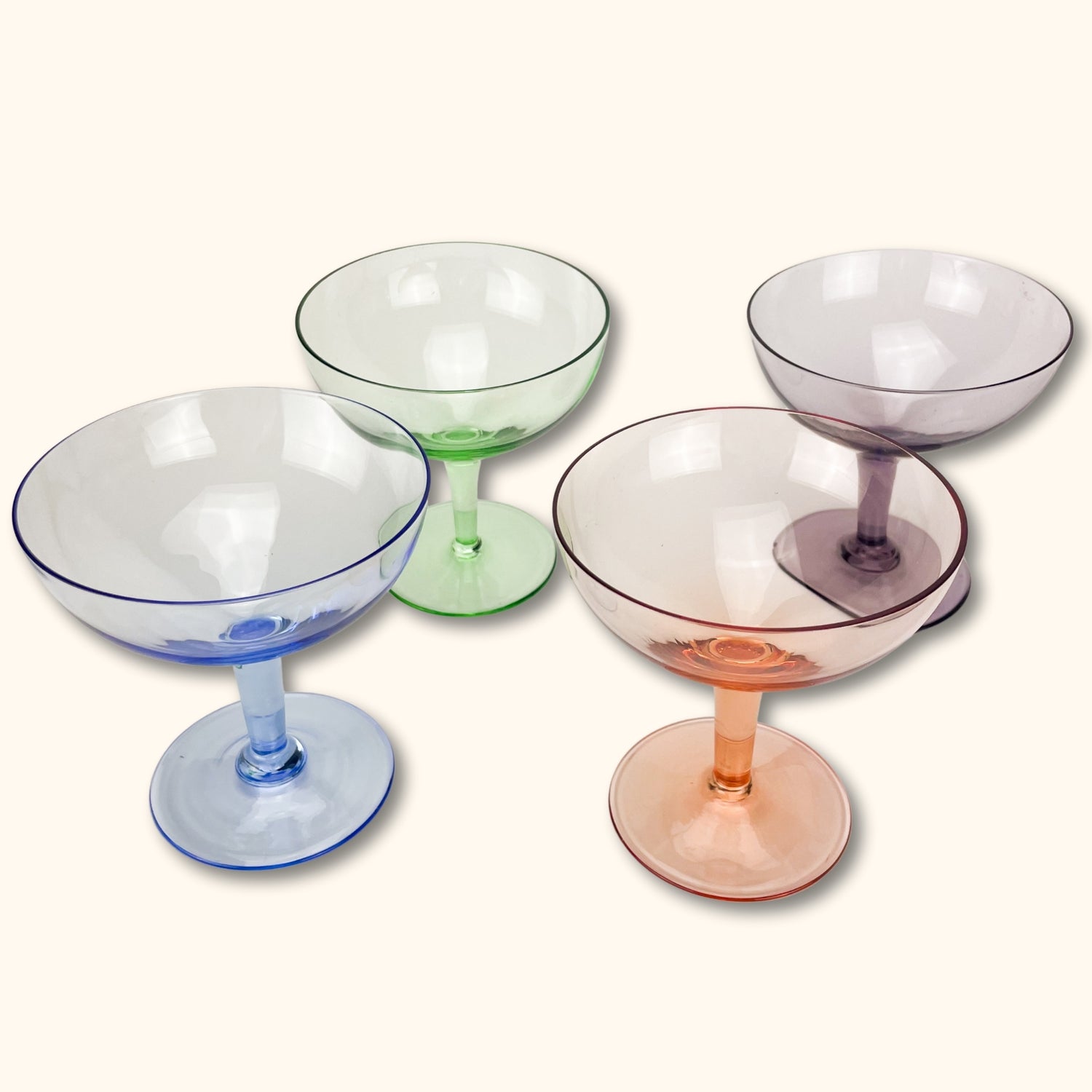 Multi-Coloured Shrunken Champagne Coupe Glasses - Set of 4 - Sunshine Thrift - Kitchenware