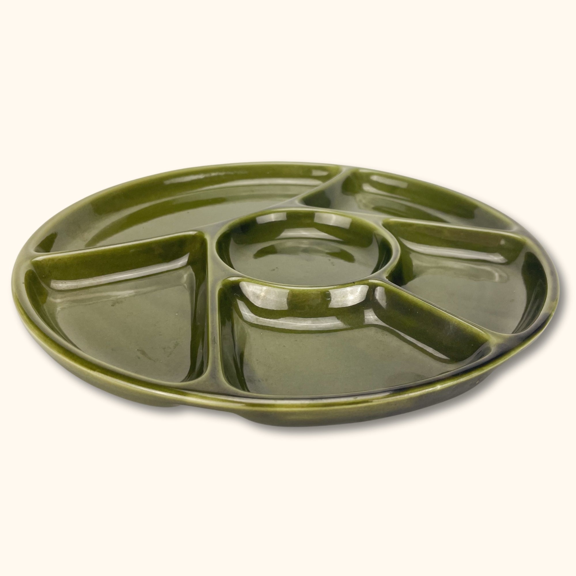 Olive Green Vintage Round Section Snack Plate - Sunshine Thrift - Kitchenware