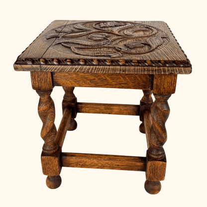 Hand Carved Oak Wood Footstool Sunshine Thrift