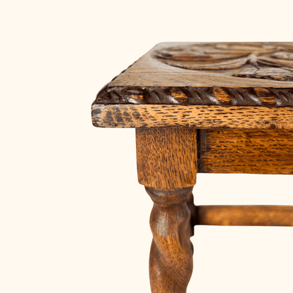 Hand Carved Oak Wood Footstool Sunshine Thrift