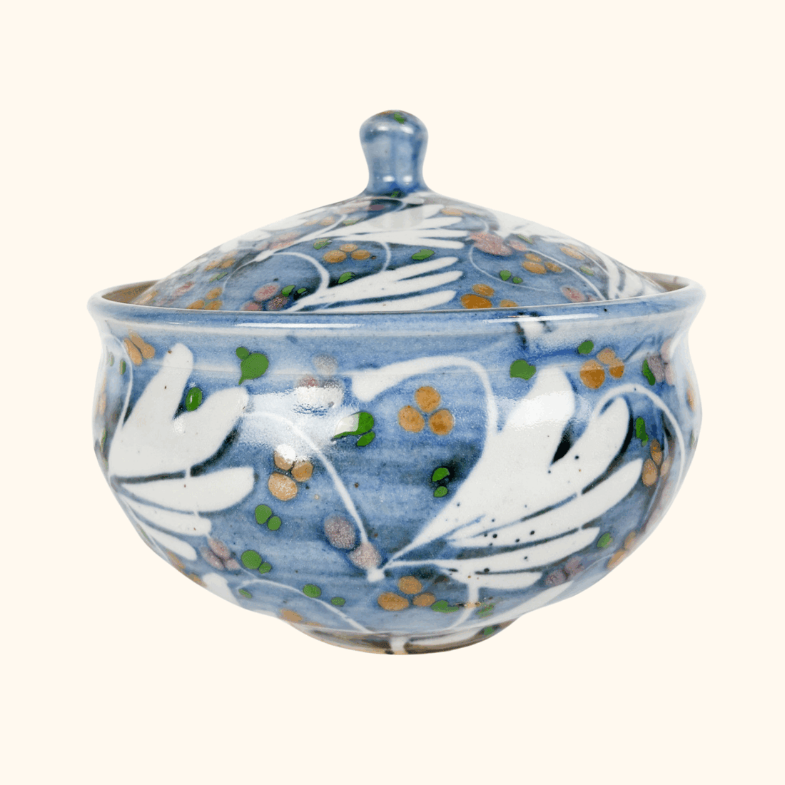 Vintage Hand Painted Cool Blue Ceramic Lidded Bowl Sunshine Thrift