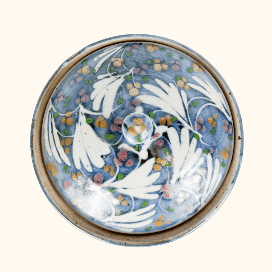 Vintage Hand Painted Cool Blue Ceramic Lidded Bowl Sunshine Thrift