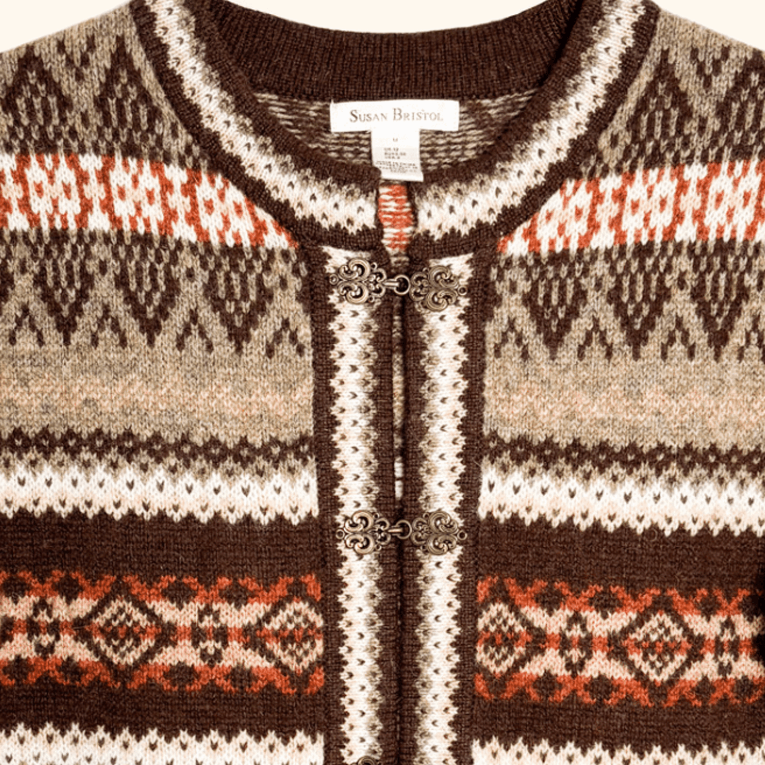 Susan Bristol Brown 100% Wool Fair Isle Cardigan - Size Medium Sunshine Thrift