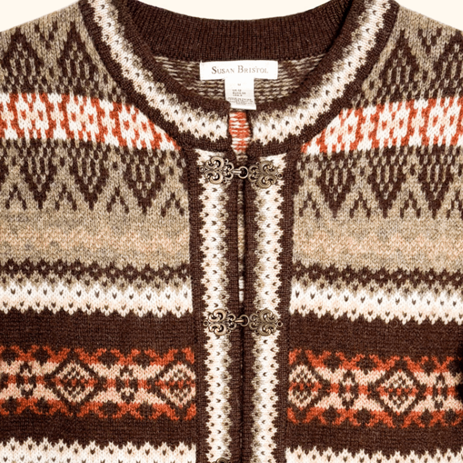 Susan Bristol Brown 100% Wool Fair Isle Cardigan - Size Medium Sunshine Thrift