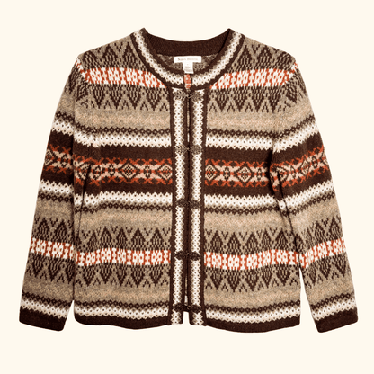 Susan Bristol Brown 100% Wool Fair Isle Cardigan - Size Medium Sunshine Thrift