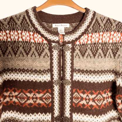 Susan Bristol Brown 100% Wool Fair Isle Cardigan - Size Medium Sunshine Thrift
